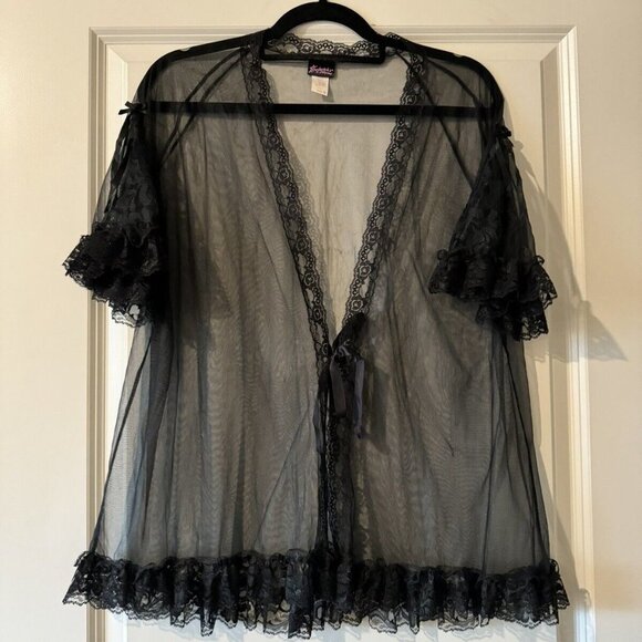 Vintage 90s Fredericks of Hollywood Robe Bed Jacket Lace Black Medium - Picture 1 of 4
